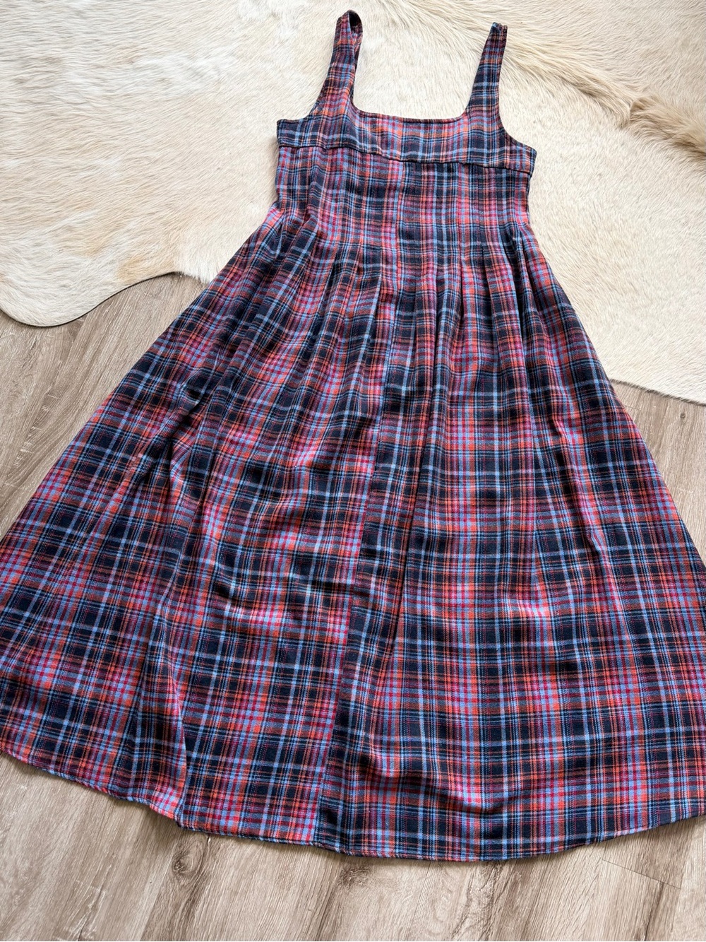 Women’s Flannel Maxi Dress in Red and Navy - Sleeveless w/ POCKETS Square Neck
